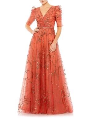 NWT Mac Duggal Size 6 Sequin Puff Sleeve Tulle A-Line Gown in Cinnamon #